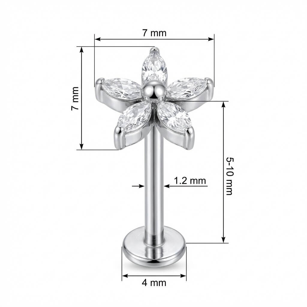 Titanium Labret Marquise Cut Crystal Flower Internally Threaded