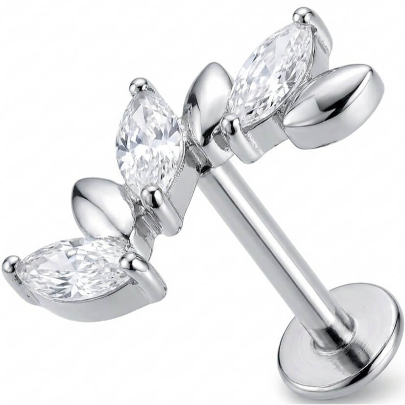 Titanium Labret Crystal And Metal Leaf Vine Internally Threaded