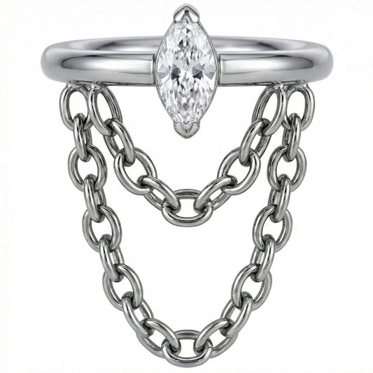 Titanium Ring Marquise Zirconia Double Chain Clicker