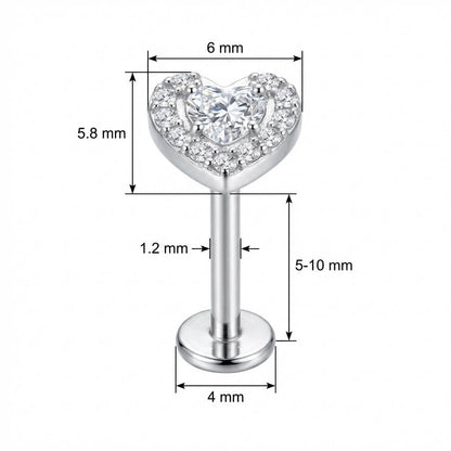 Titanium Labret Crystal Heart With Paved Halo Internally Threaded