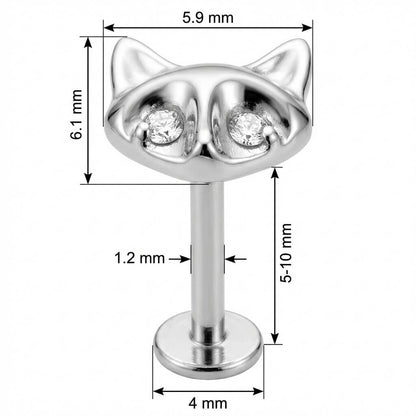 Titanium Labret Cat Head With Crystal Eyes Internally Threaded