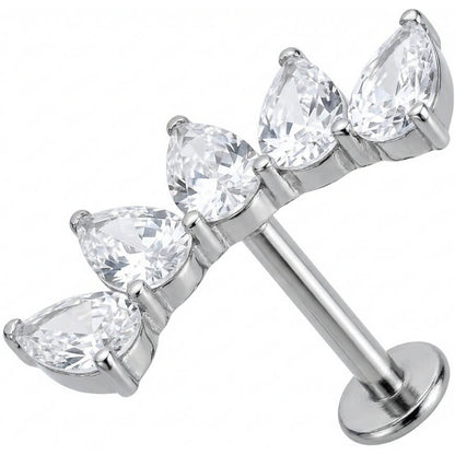 Titanium Labret Curved Five Teardrop Crystal Cluster Internally Threaded