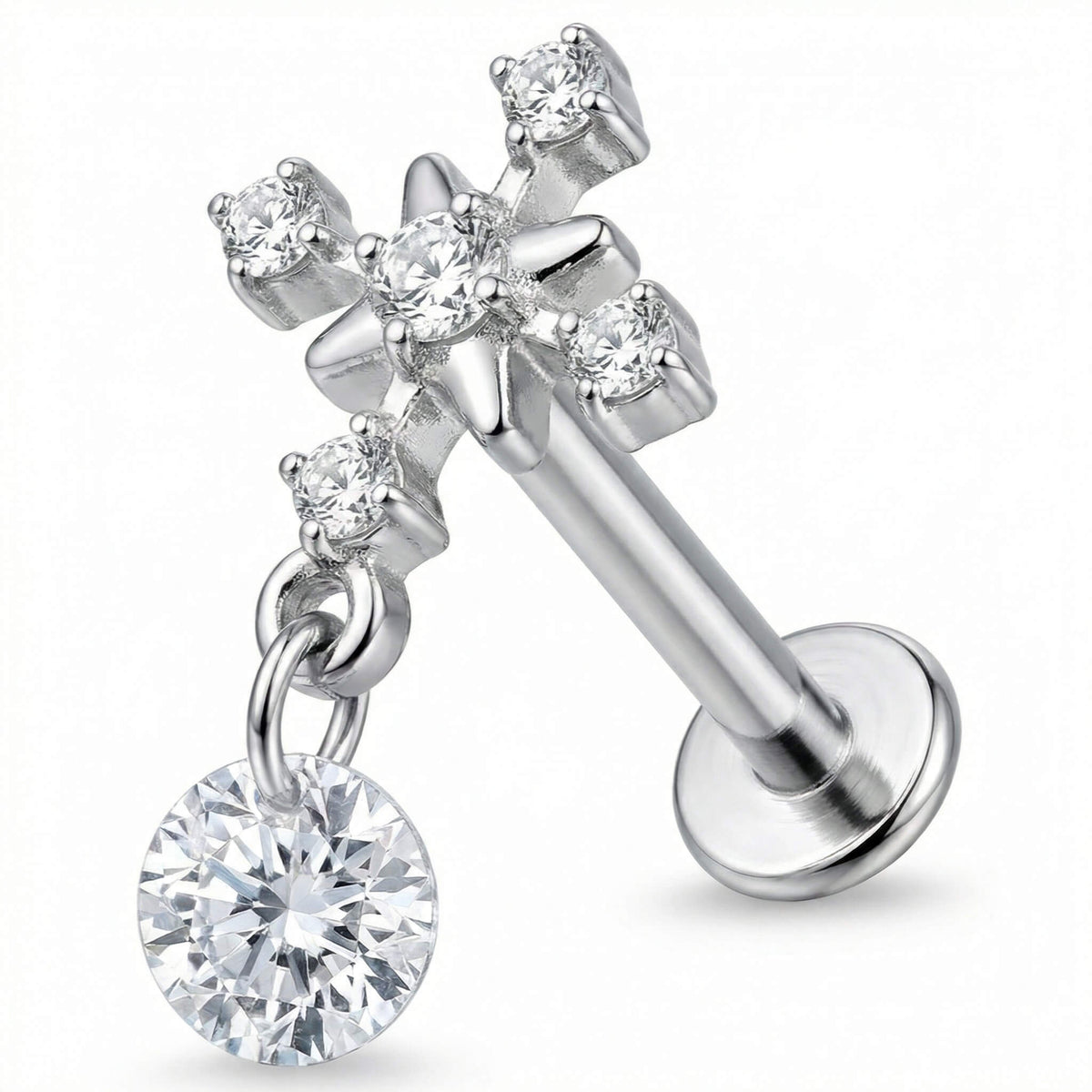 Titanium Labret Crystal Cross With Dangle Drop Internally Threaded