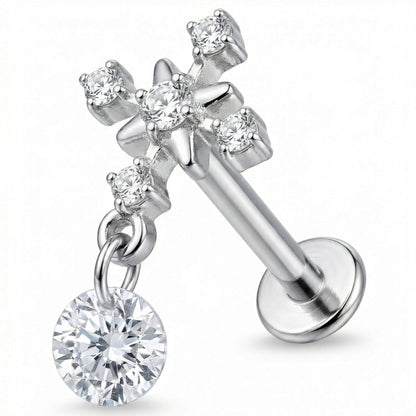 Titanium Labret Crystal Cross With Dangle Drop Internally Threaded
