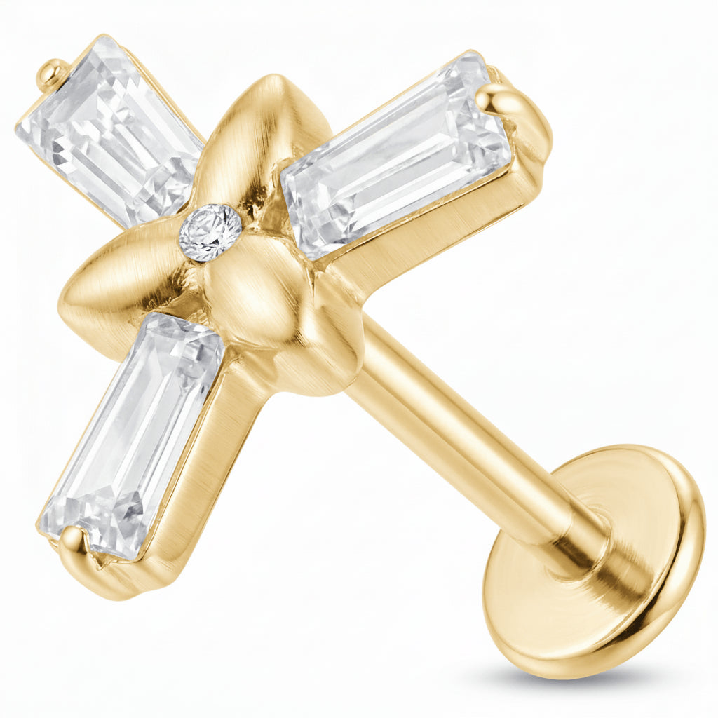 Titanium Labret Triple Baguette Floral Star Internally Threaded