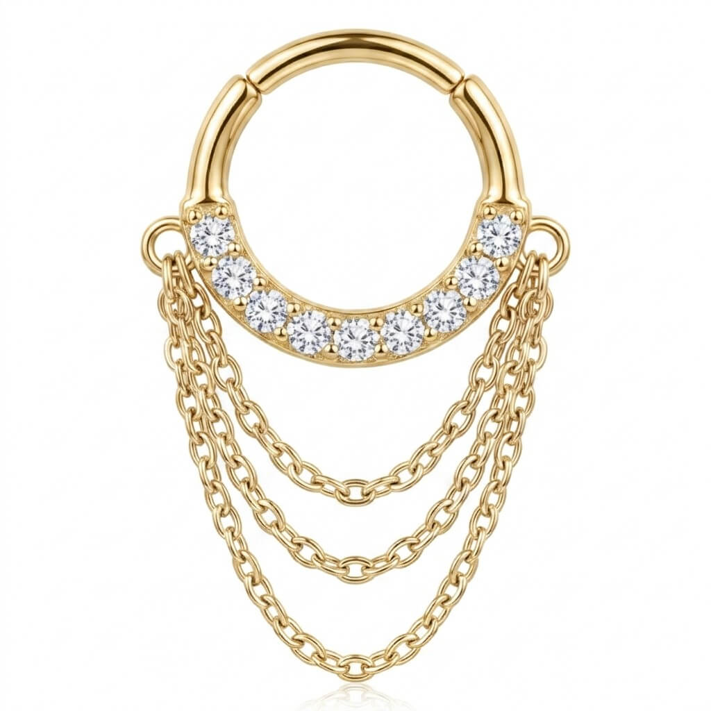 Titanium Ring Triple Chain Dangle Zirconia Clicker