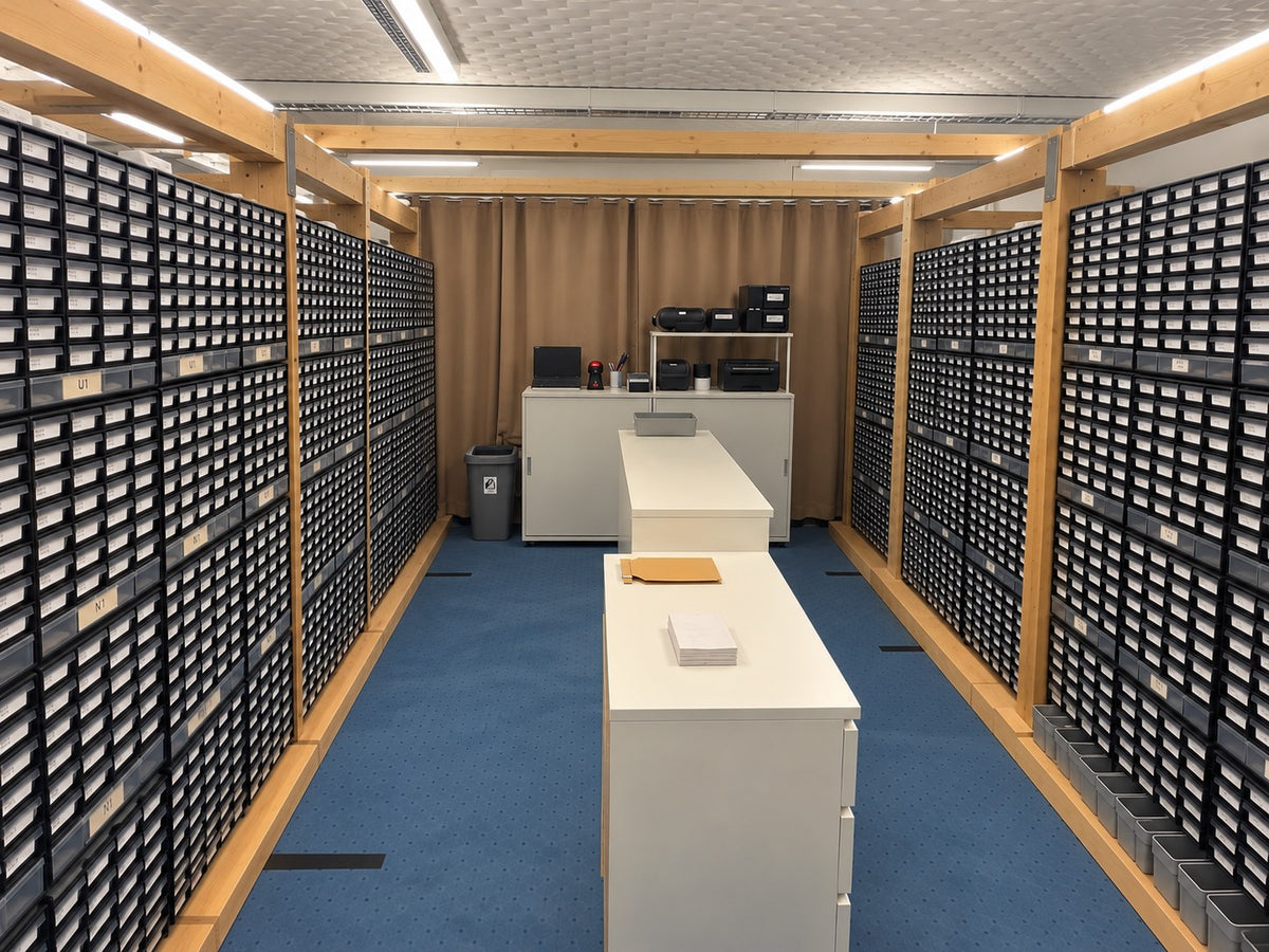 Notre entrepôt à Leverkusen avec des milliers de tiroirs étiquetés de bijoux de piercing